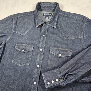 Vtg Lands End Denim Pearl Snap Shirt Mens Large Western Button Down Dark Blue